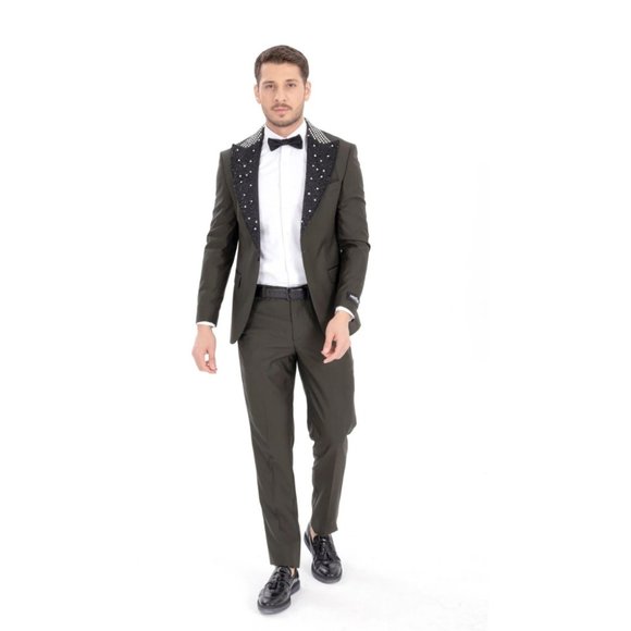 Derman Green Stone Embroidered Collar Tuxedo 2 Piece - Picture 3 of 6